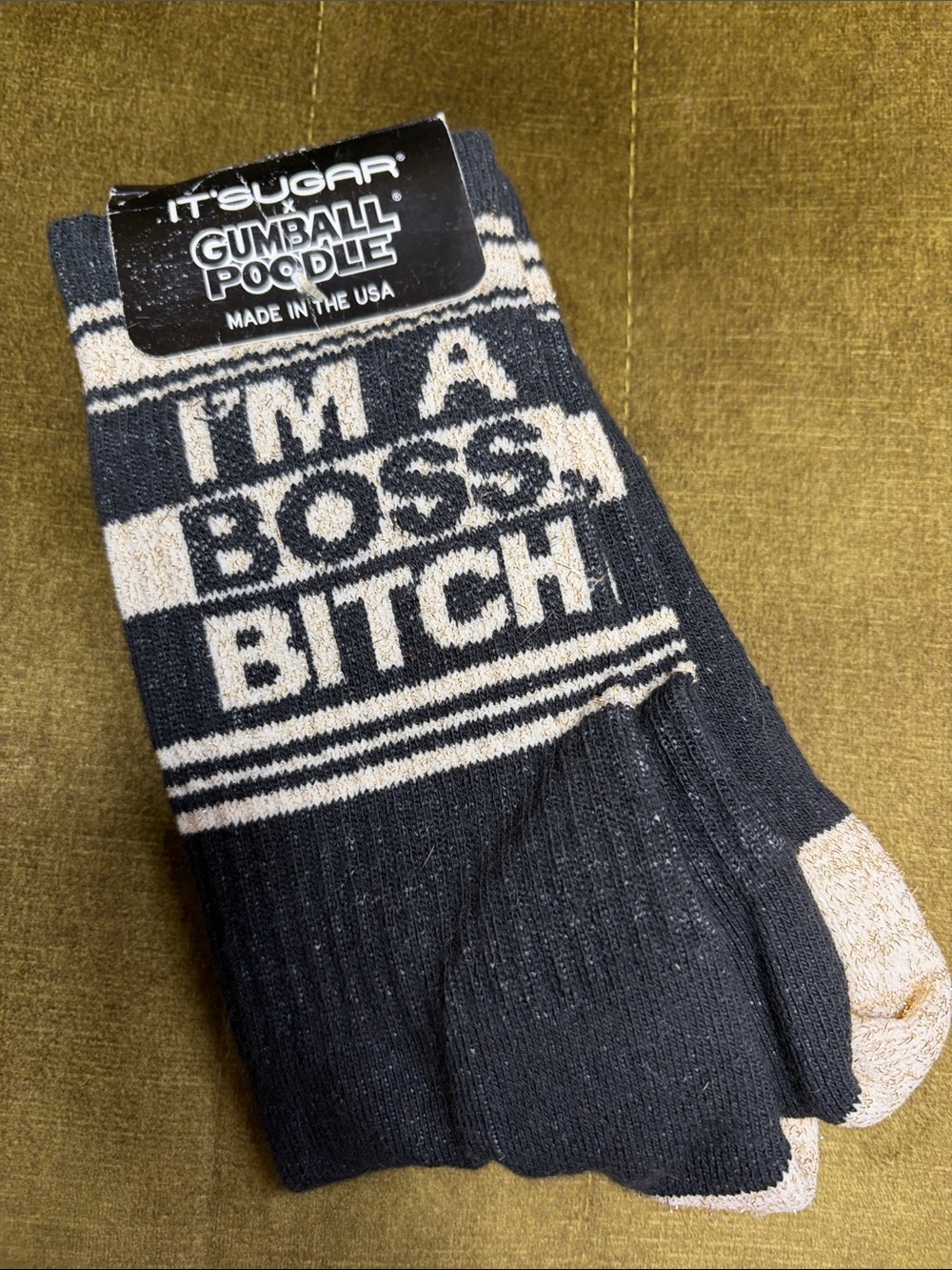 Sugar Gumball Poodle Socks in Black & Cream with "I'M A BOSS *ITCH" new